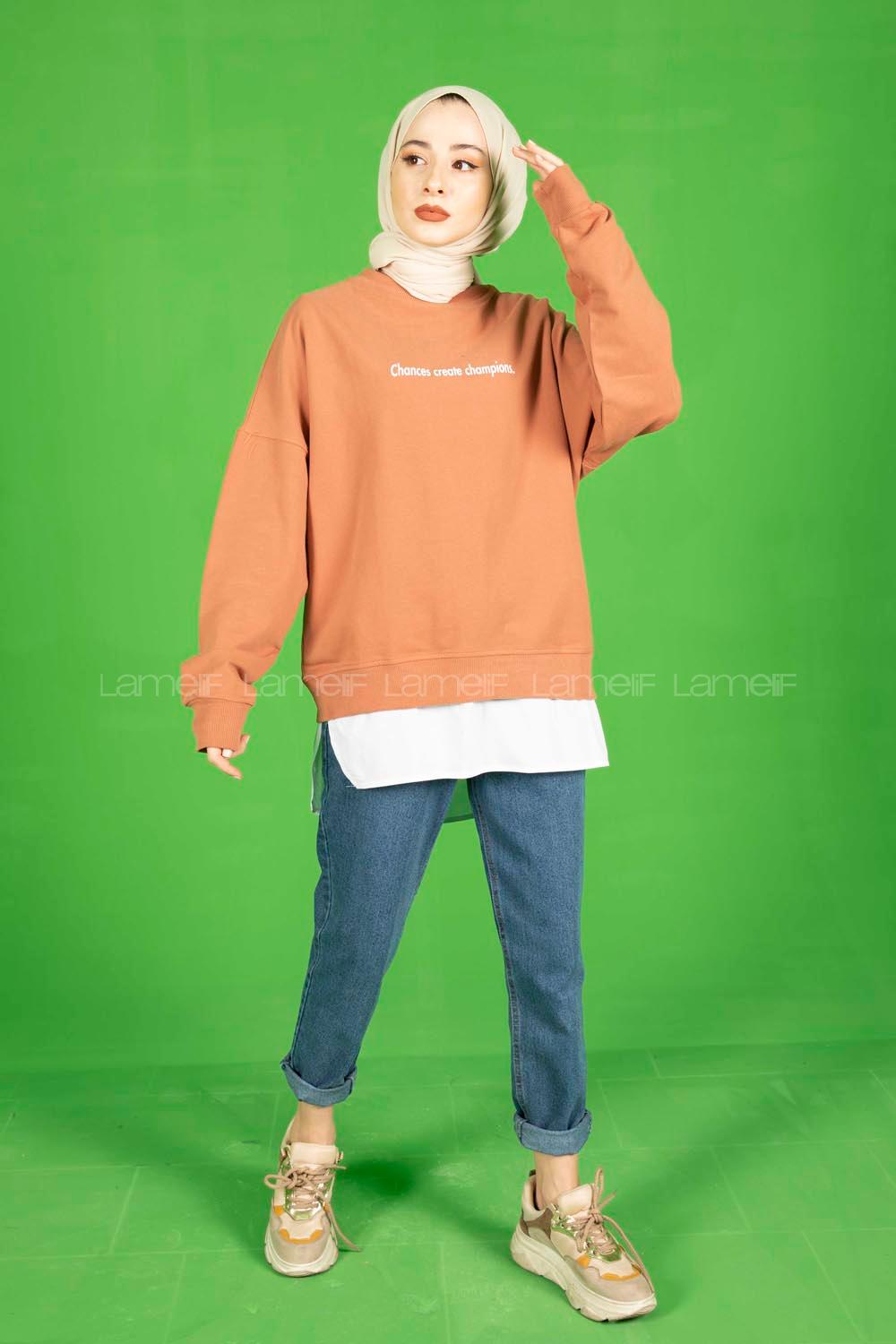 Modalamelif Altı Garnili Chappions Yazı Baskılı Sweat Pudra