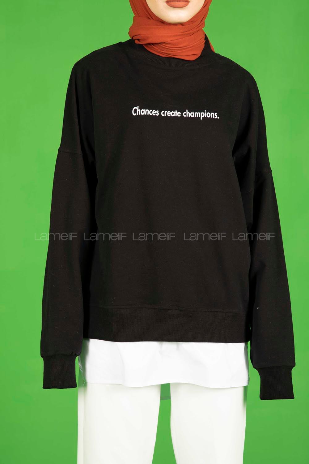 Modalamelif Altı Garnili Chappions Yazı Baskılı Sweat Siyah