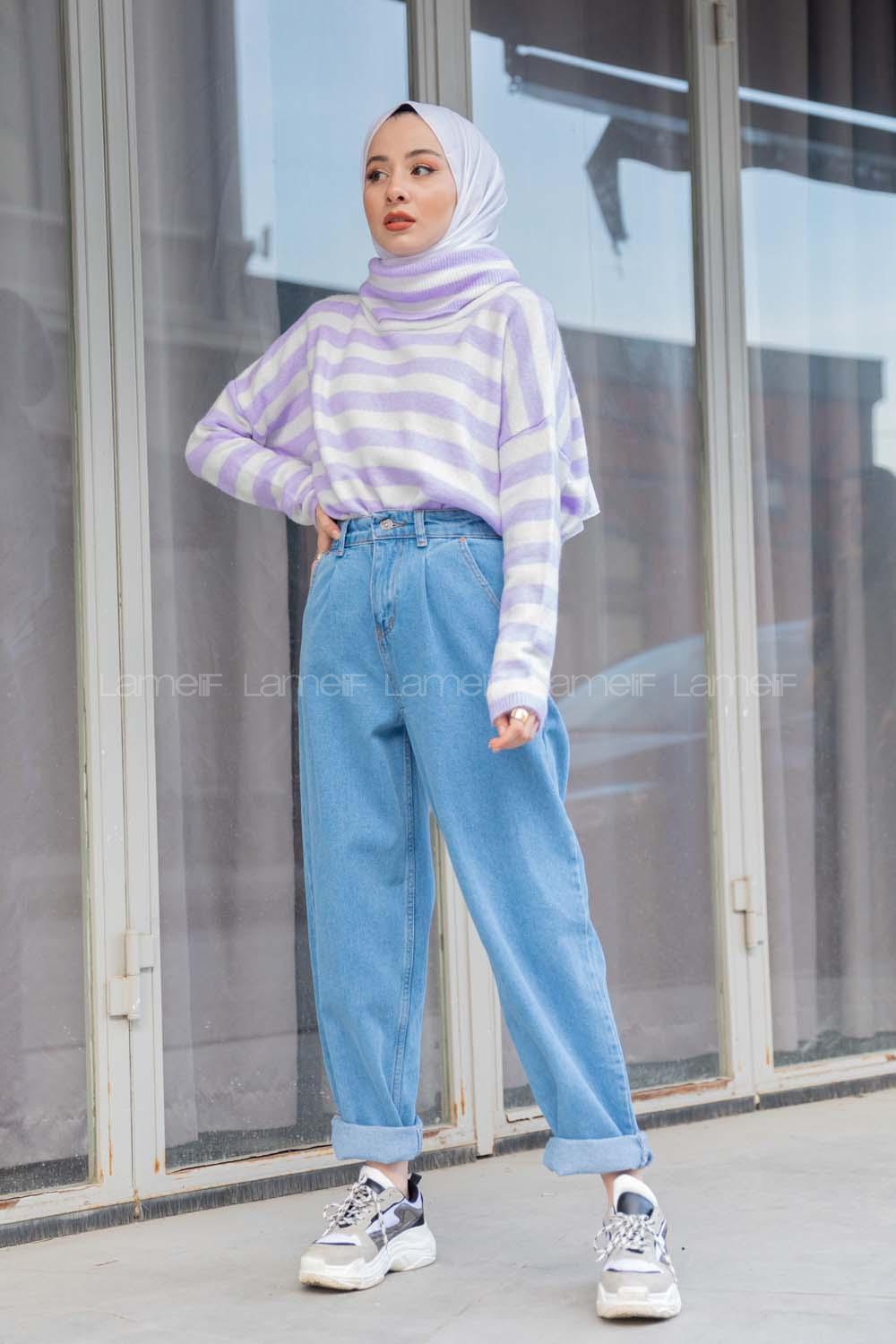 Modalamelif Balıkçı Yaka Çizgili Kazak Lila