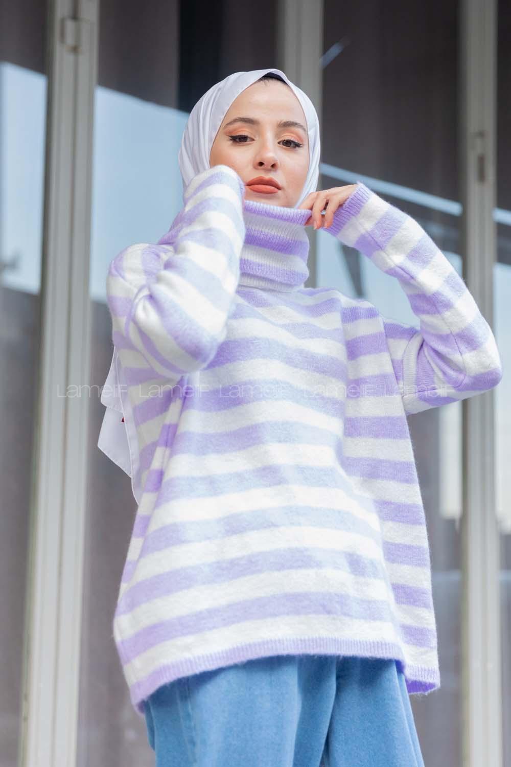 Modalamelif Balıkçı Yaka Çizgili Kazak Lila