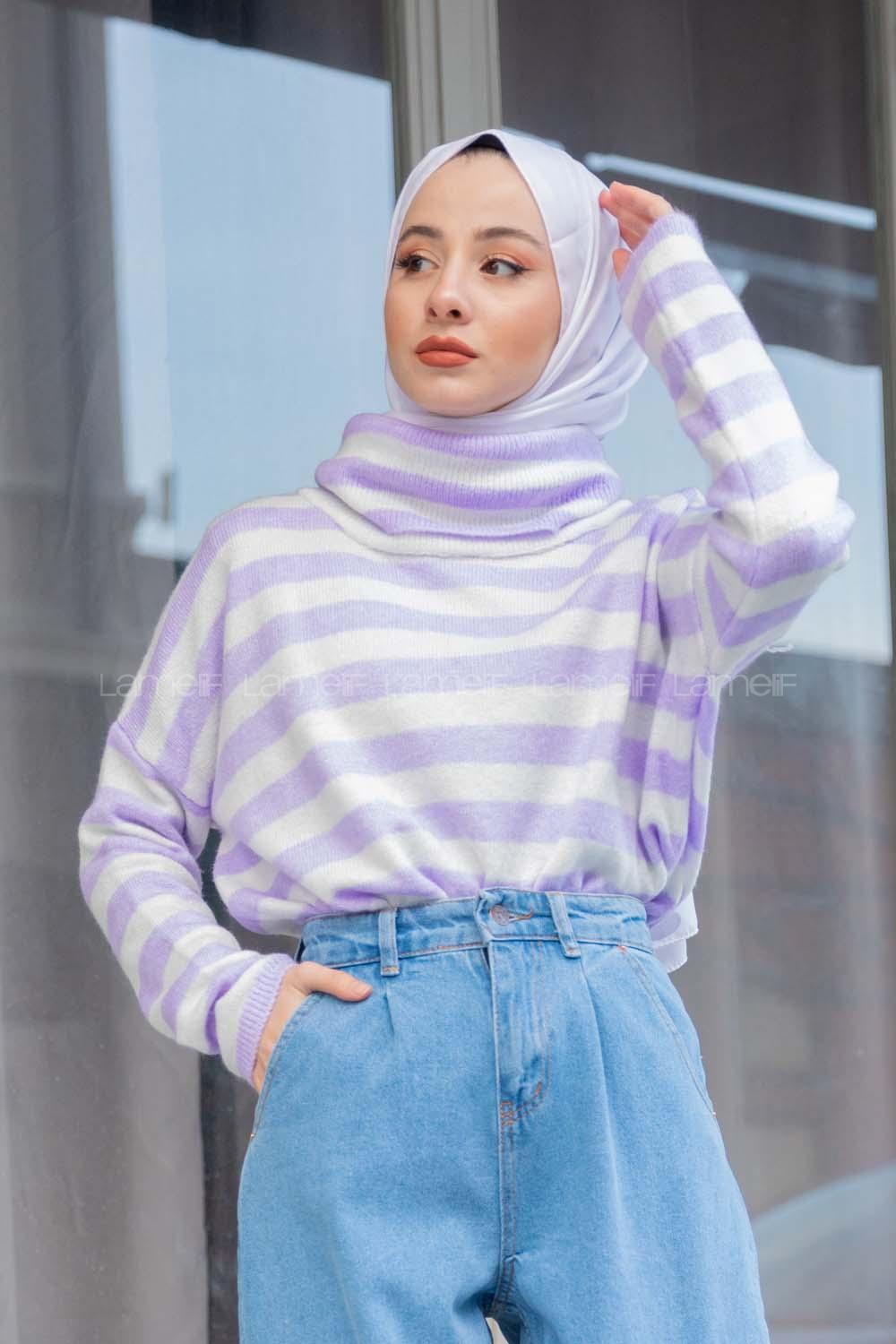 Modalamelif Balıkçı Yaka Çizgili Kazak Lila