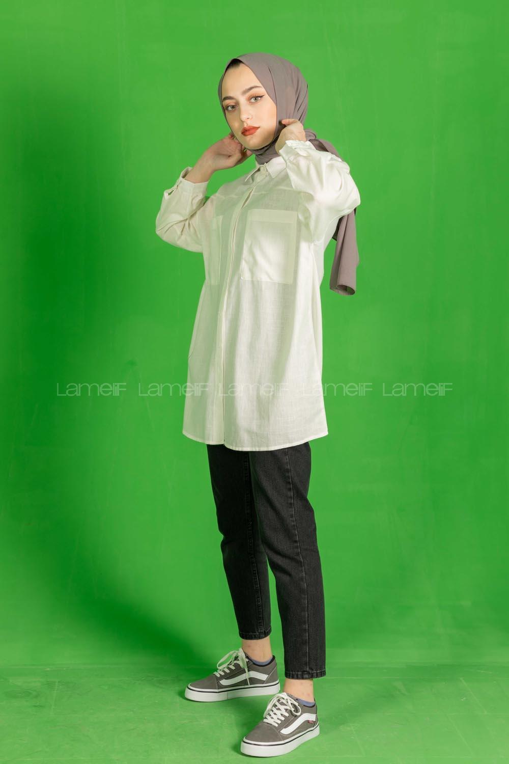 Modalamelif Çift Cepli Salaş Keten Gömlek Ekru