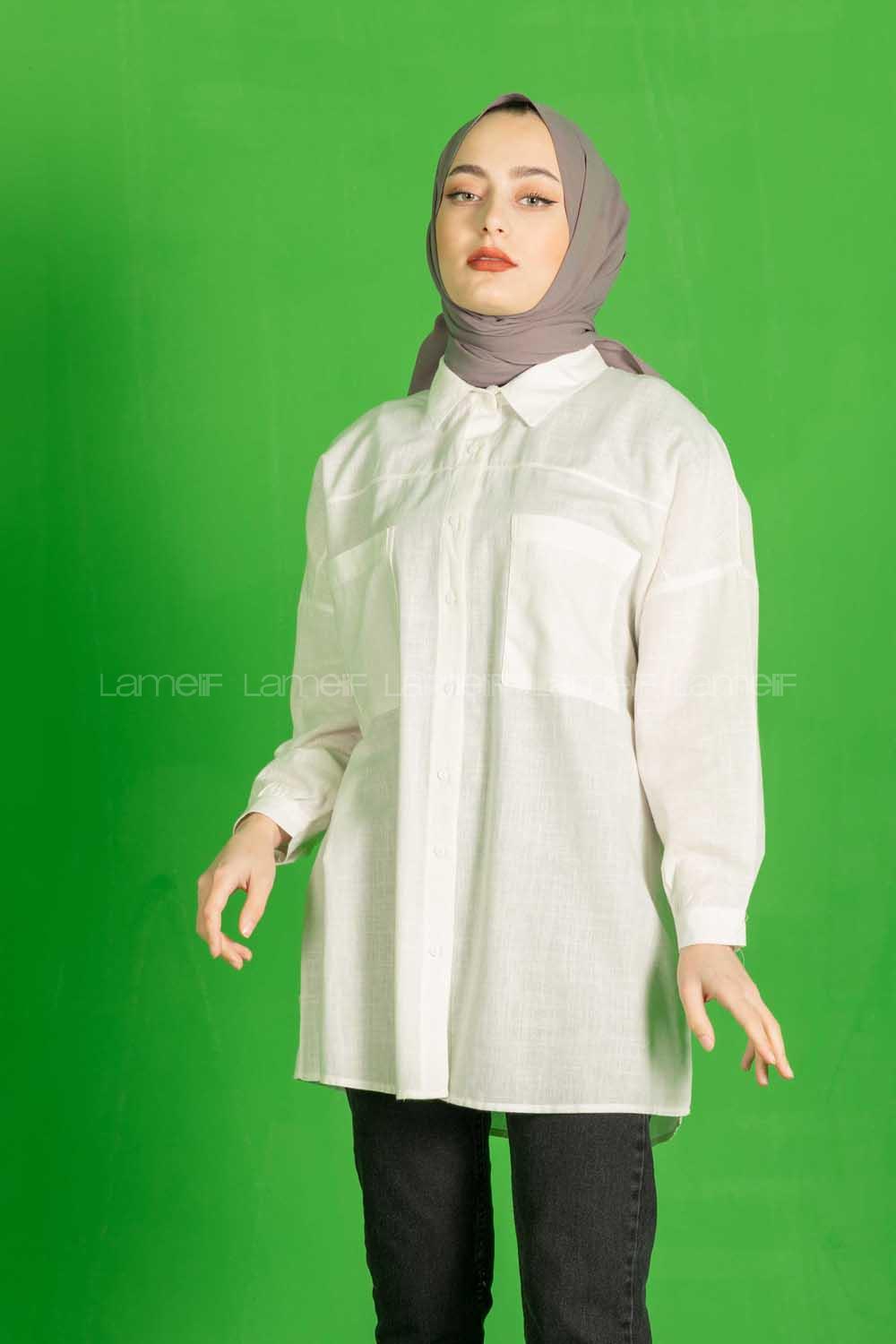 Modalamelif Çift Cepli Salaş Keten Gömlek Ekru