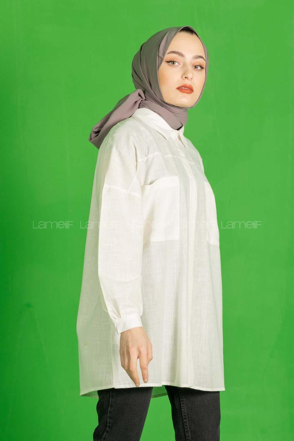 Modalamelif Çift Cepli Salaş Keten Gömlek Ekru