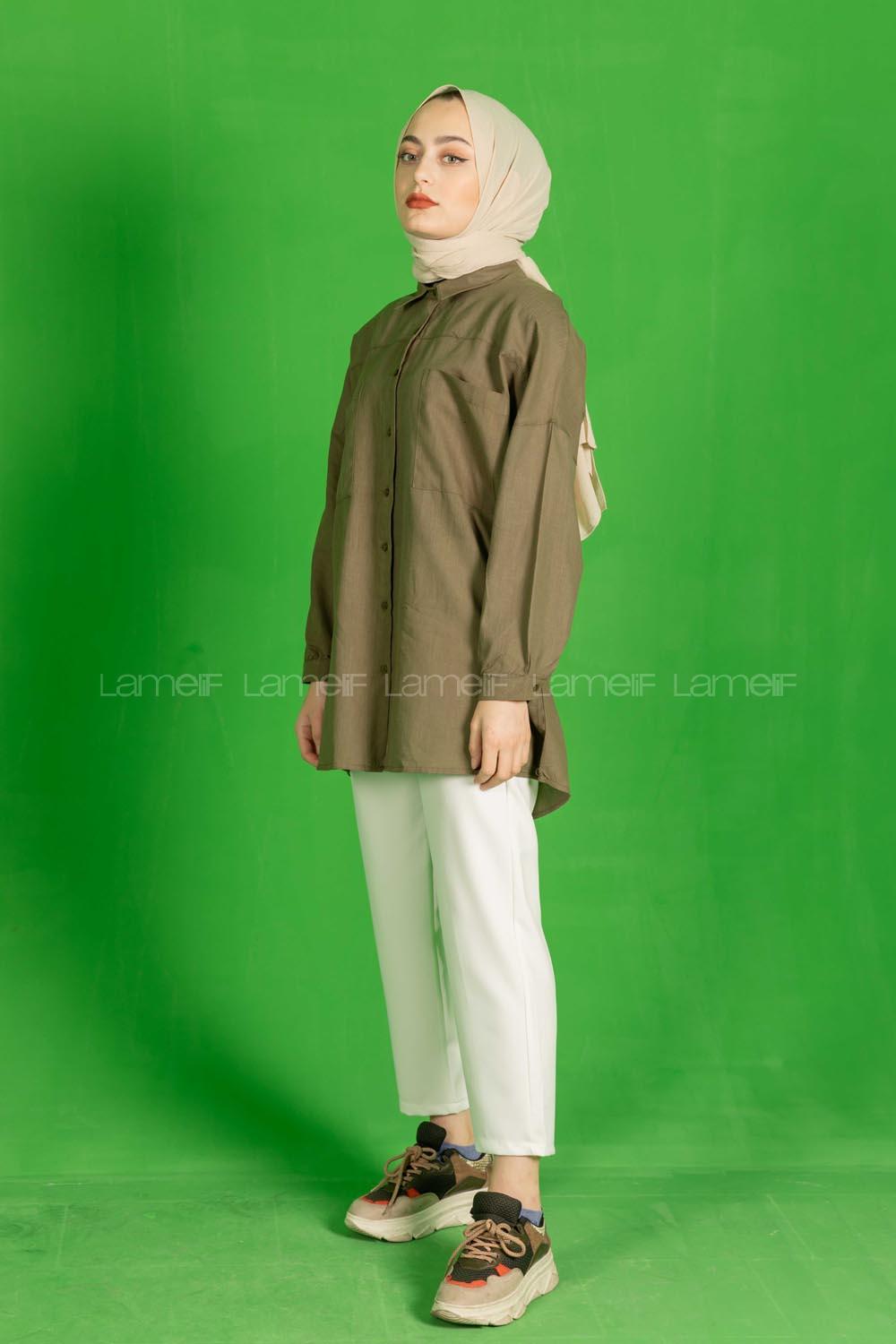 Modalamelif Çift Cepli Salaş Keten Gömlek Haki