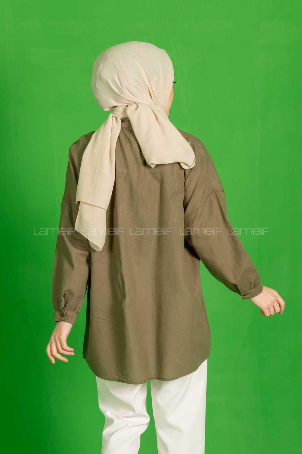 Modalamelif Çift Cepli Salaş Keten Gömlek Haki