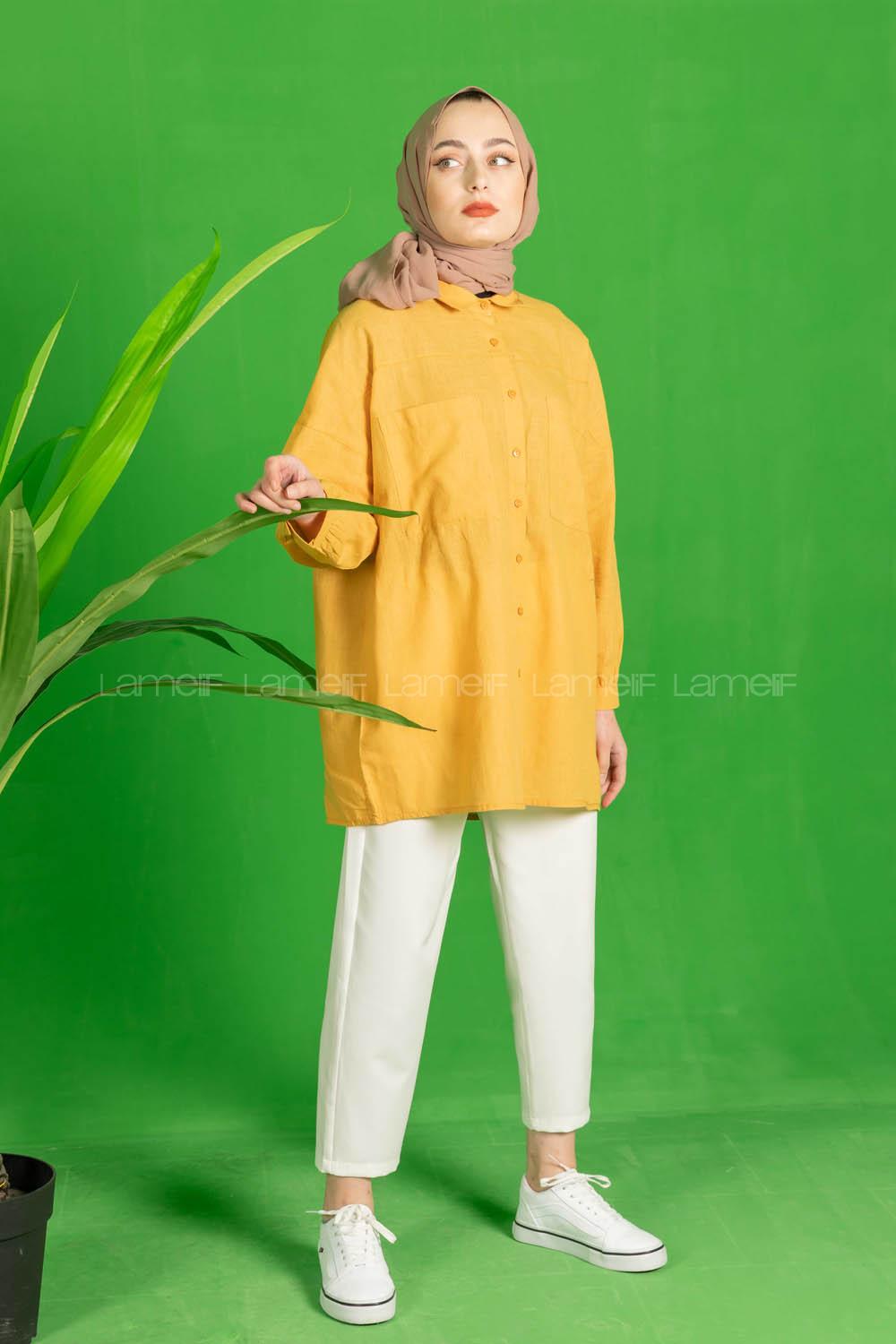 Modalamelif Çift Cepli Salaş Keten Gömlek Hardal Sarısı