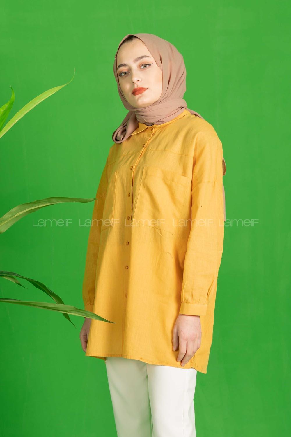 Modalamelif Çift Cepli Salaş Keten Gömlek Hardal Sarısı