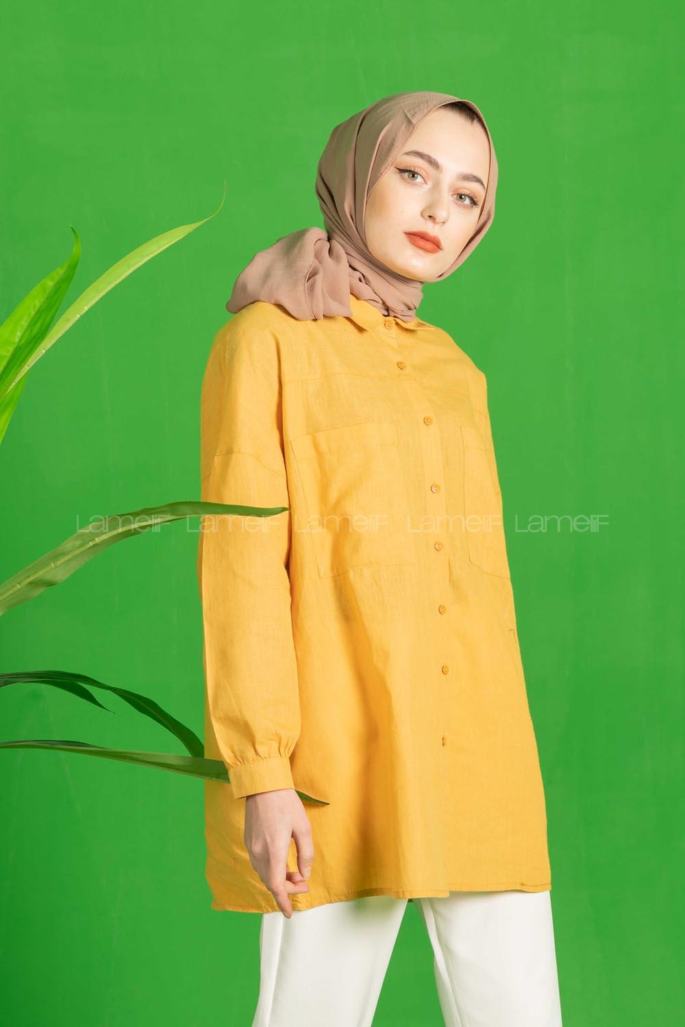Modalamelif Çift Cepli Salaş Keten Gömlek Hardal Sarısı