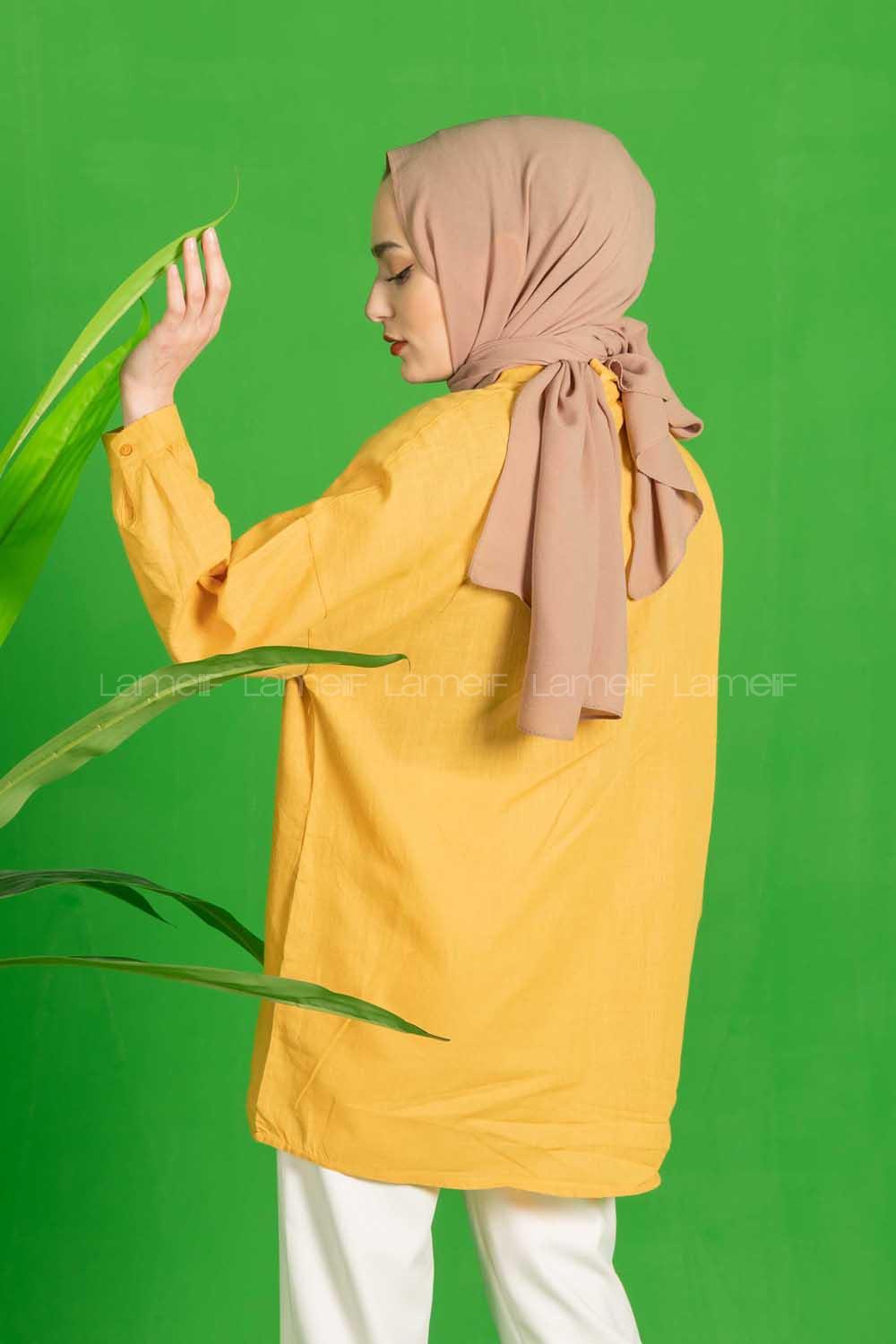 Modalamelif Çift Cepli Salaş Keten Gömlek Hardal Sarısı