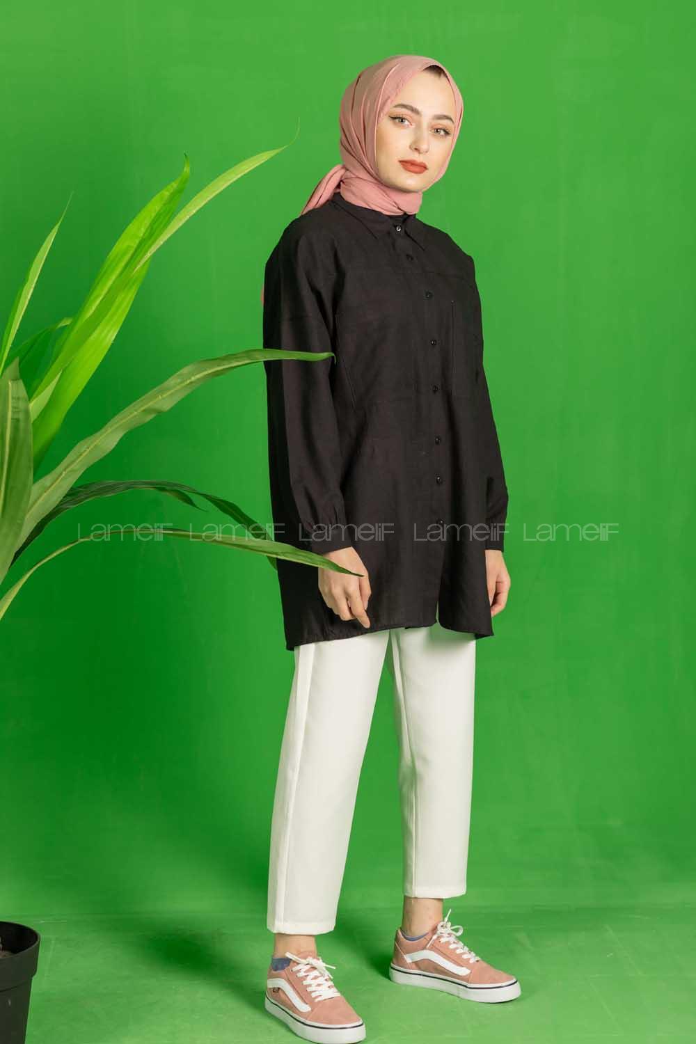 Modalamelif Çift Cepli Salaş Keten Gömlek Siyah