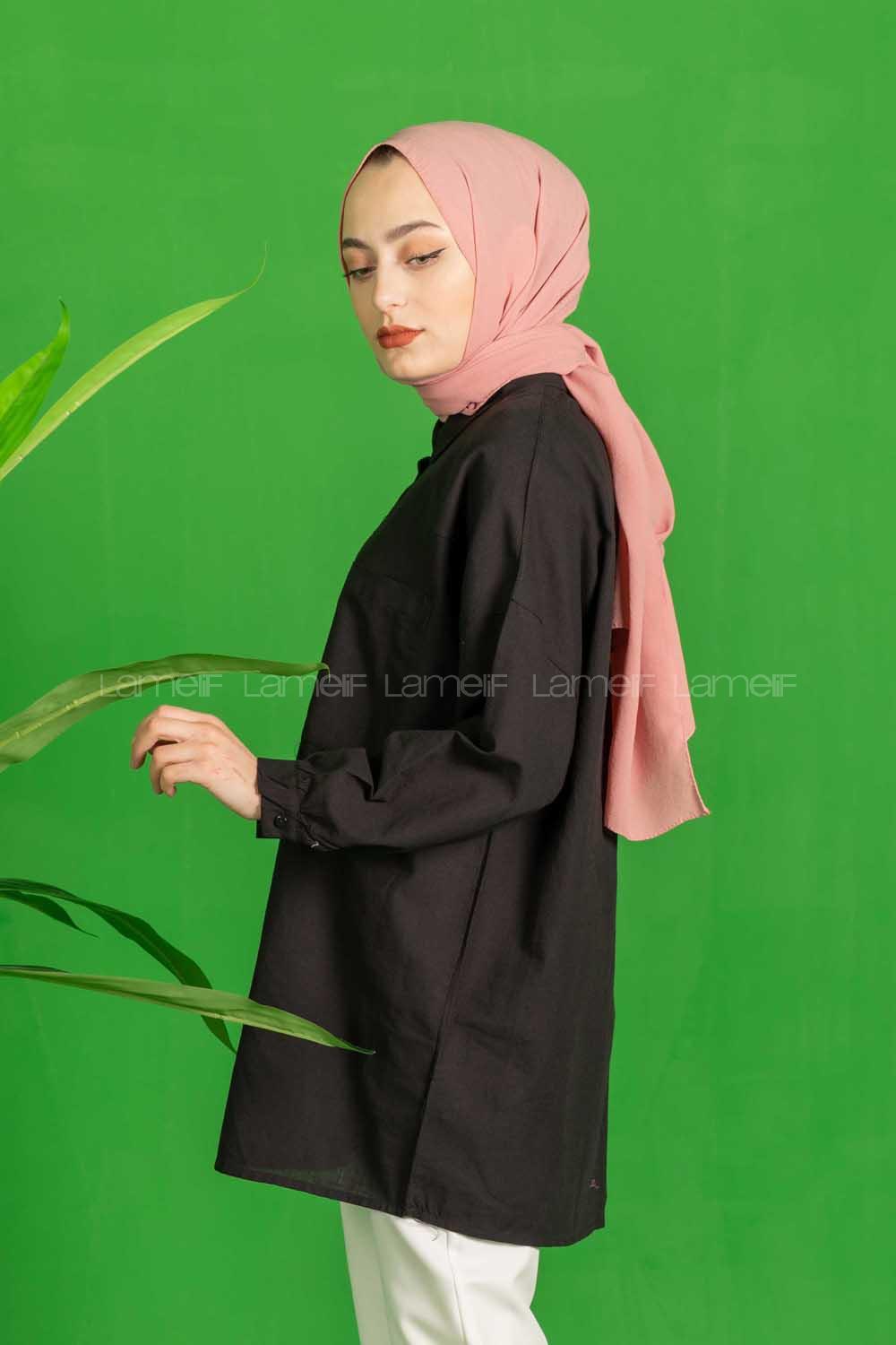 Modalamelif Çift Cepli Salaş Keten Gömlek Siyah