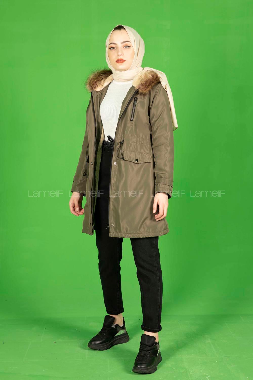 Modalamelif İçi Kürklü Kapşonlu Bondit Mont Haki