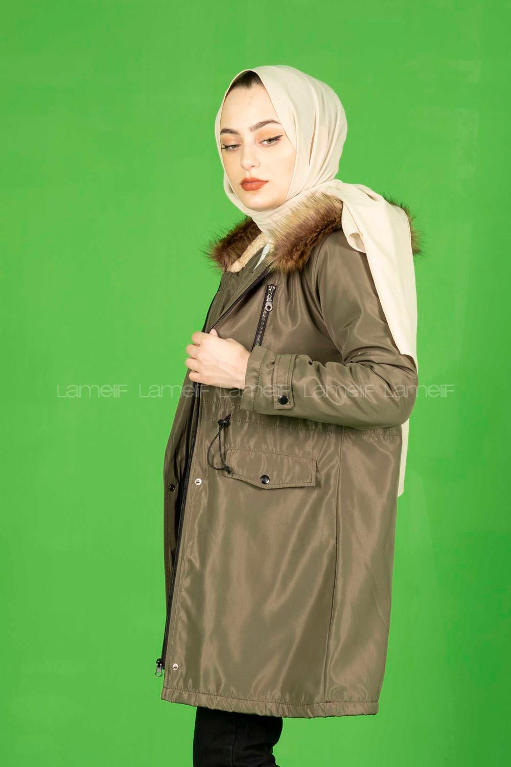 Modalamelif İçi Kürklü Kapşonlu Bondit Mont Haki