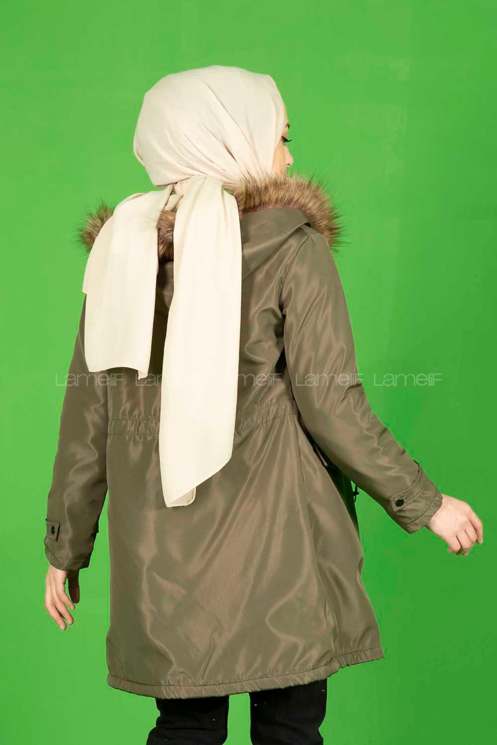 Modalamelif İçi Kürklü Kapşonlu Bondit Mont Haki