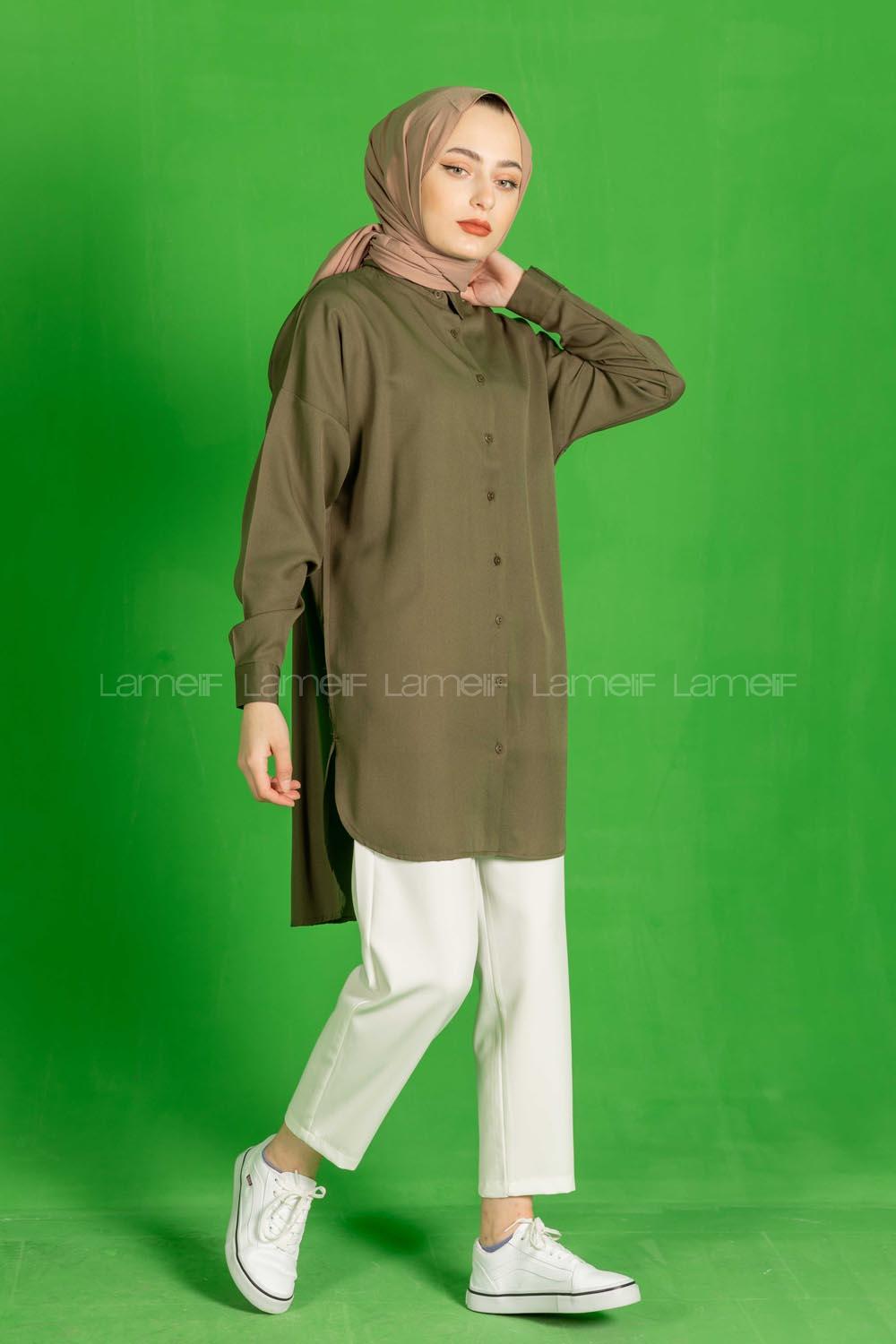 Modalamelif Önü Düğmeli  Diagonel  Tunik Haki