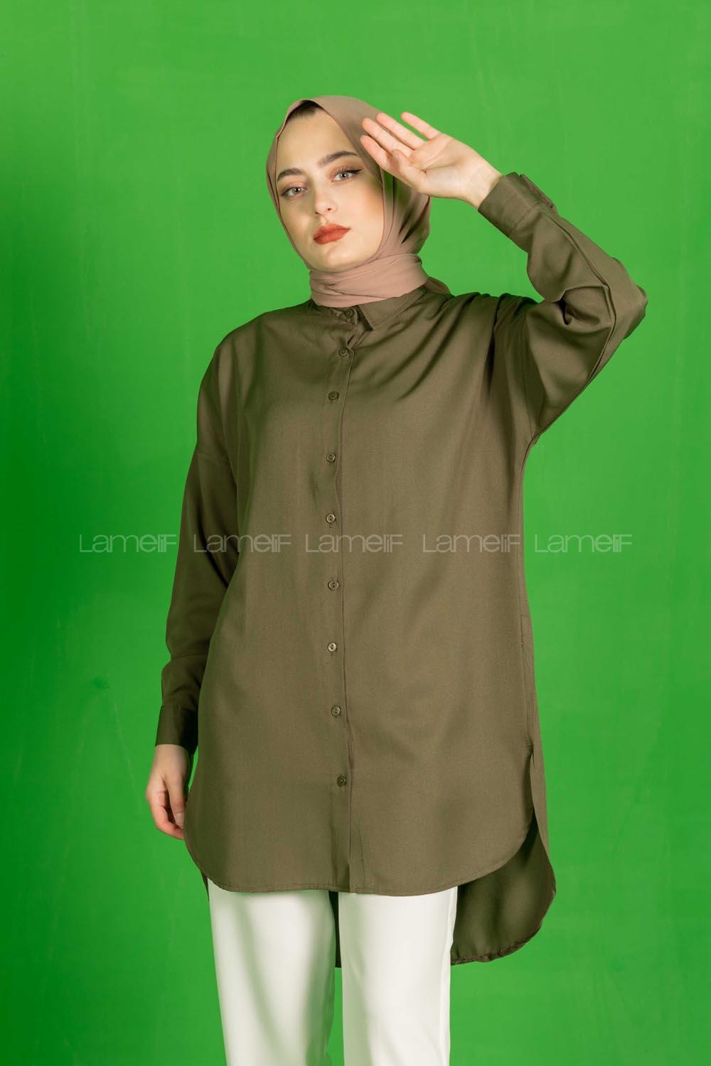 Modalamelif Önü Düğmeli  Diagonel  Tunik Haki