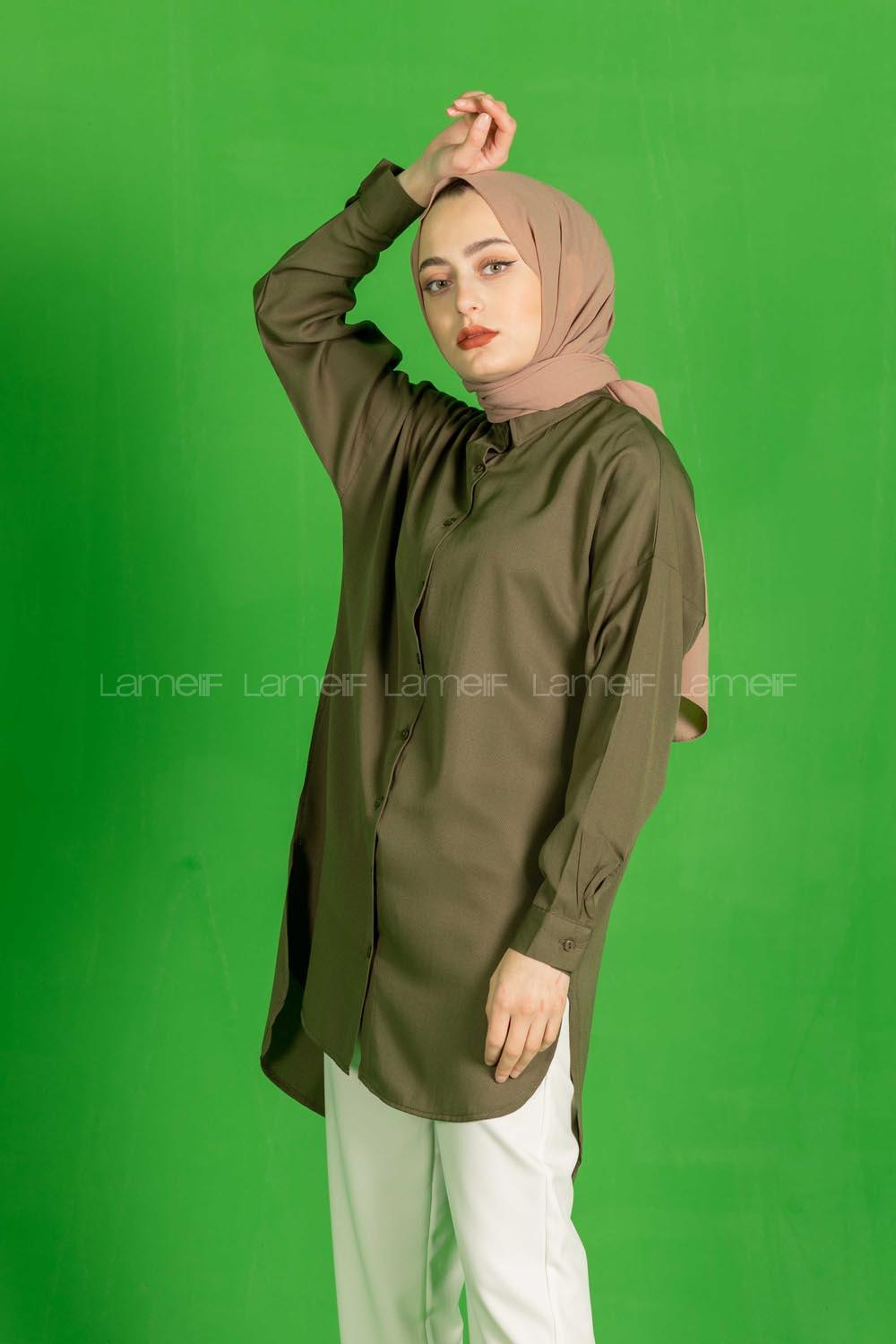 Modalamelif Önü Düğmeli  Diagonel  Tunik Haki