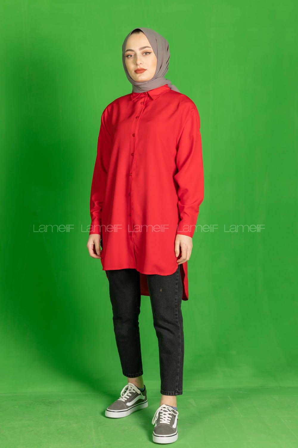 Modalamelif Önü Düğmeli  Diagonel  Tunik Kırmızı