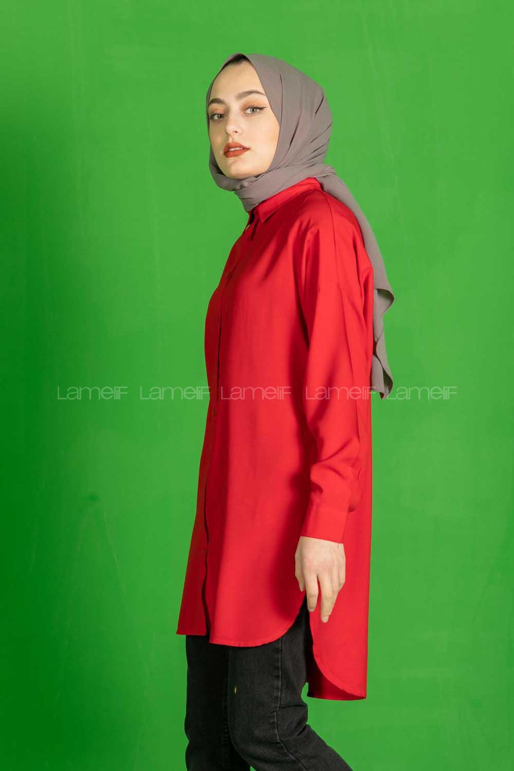 Modalamelif Önü Düğmeli  Diagonel  Tunik Kırmızı