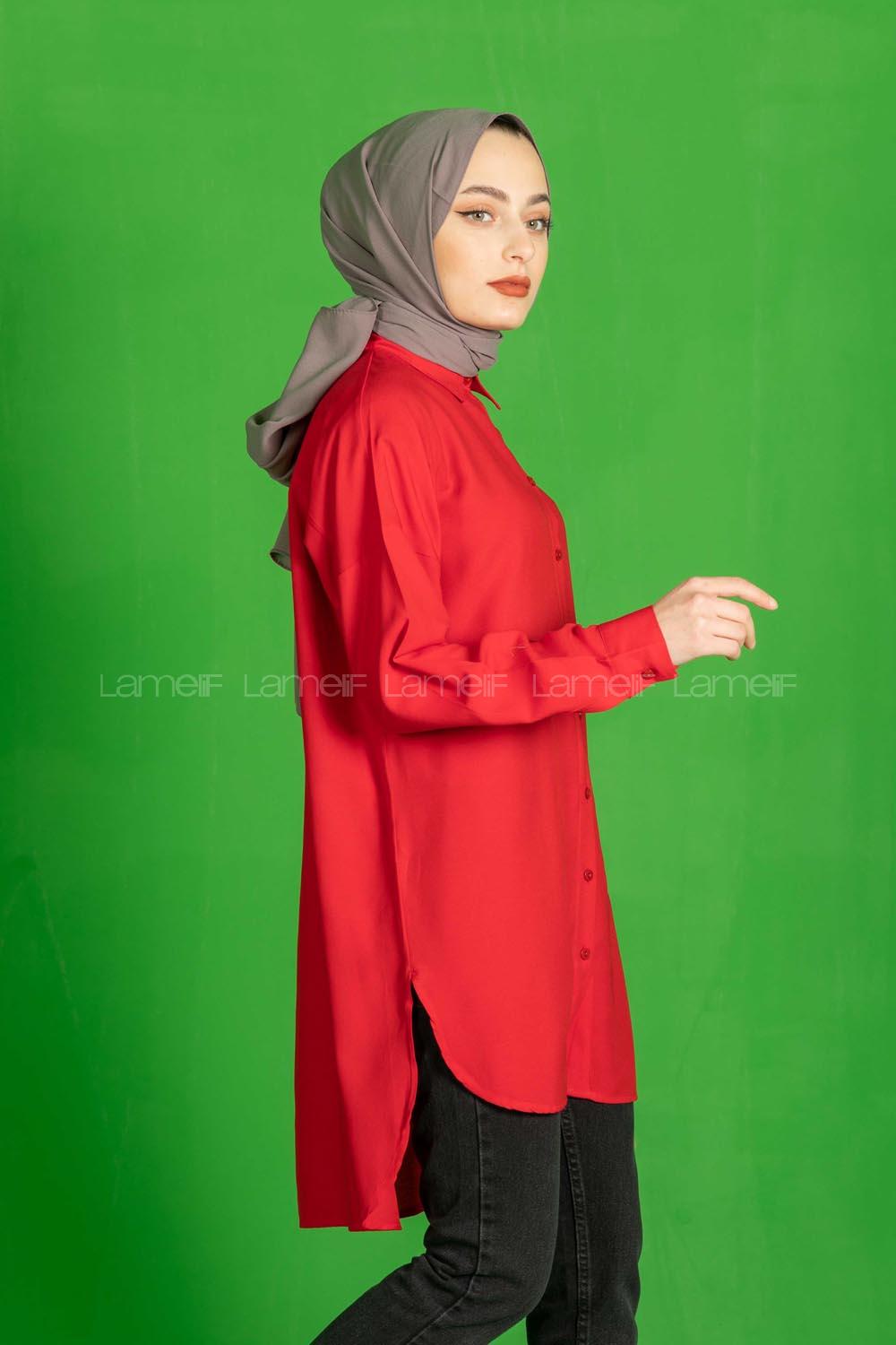 Modalamelif Önü Düğmeli  Diagonel  Tunik Kırmızı