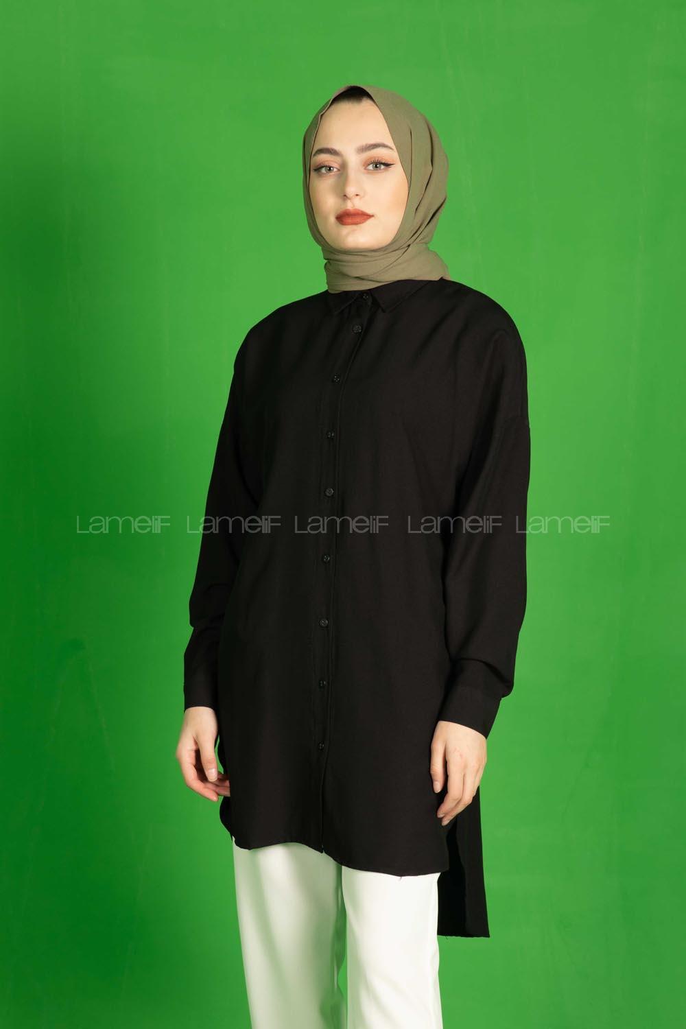 Modalamelif Önü Düğmeli  Diagonel  Tunik Siyah