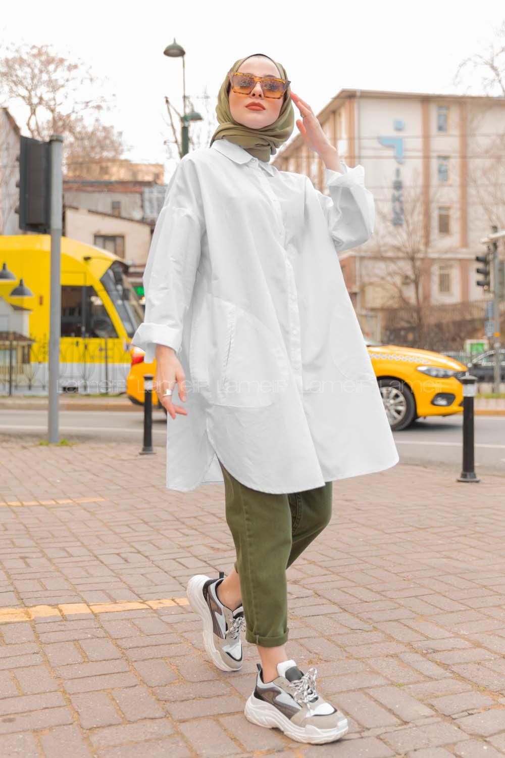 Modalamelif Önü Düğmeli Yan Cepli Gömlek Beyaz