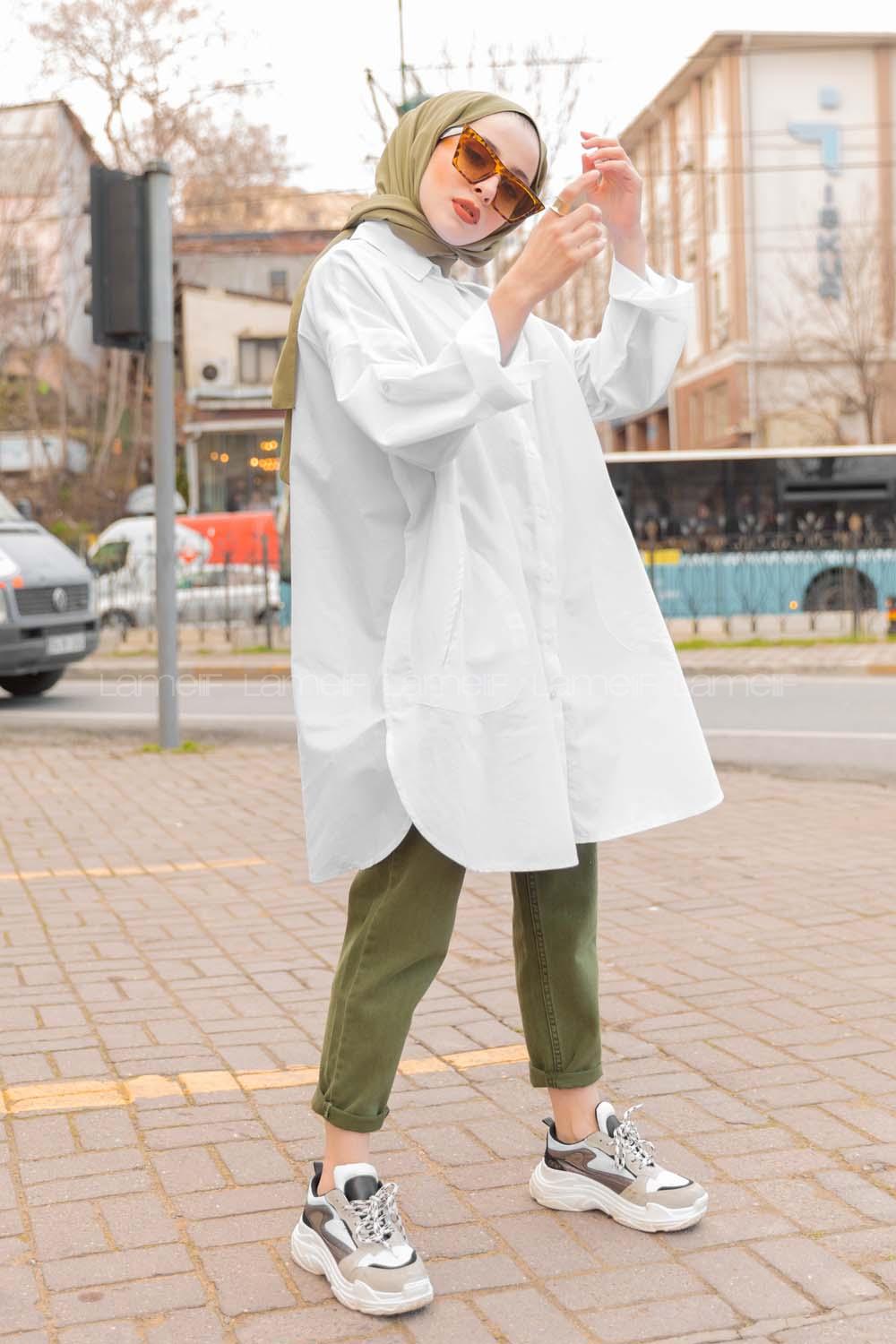 Modalamelif Önü Düğmeli Yan Cepli Gömlek Beyaz