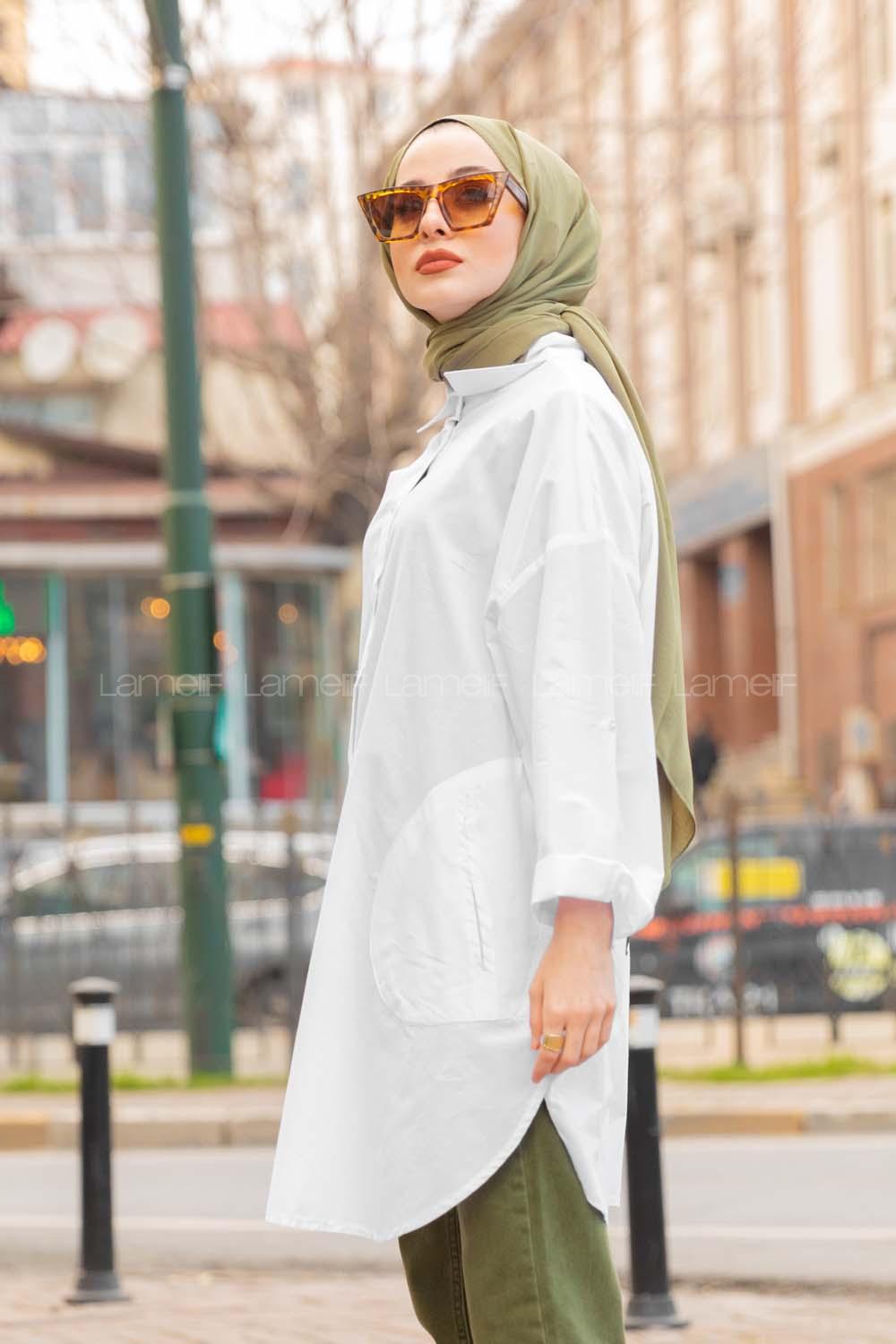 Modalamelif Önü Düğmeli Yan Cepli Gömlek Beyaz