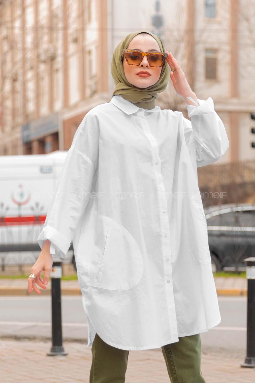 Modalamelif Önü Düğmeli Yan Cepli Gömlek Beyaz