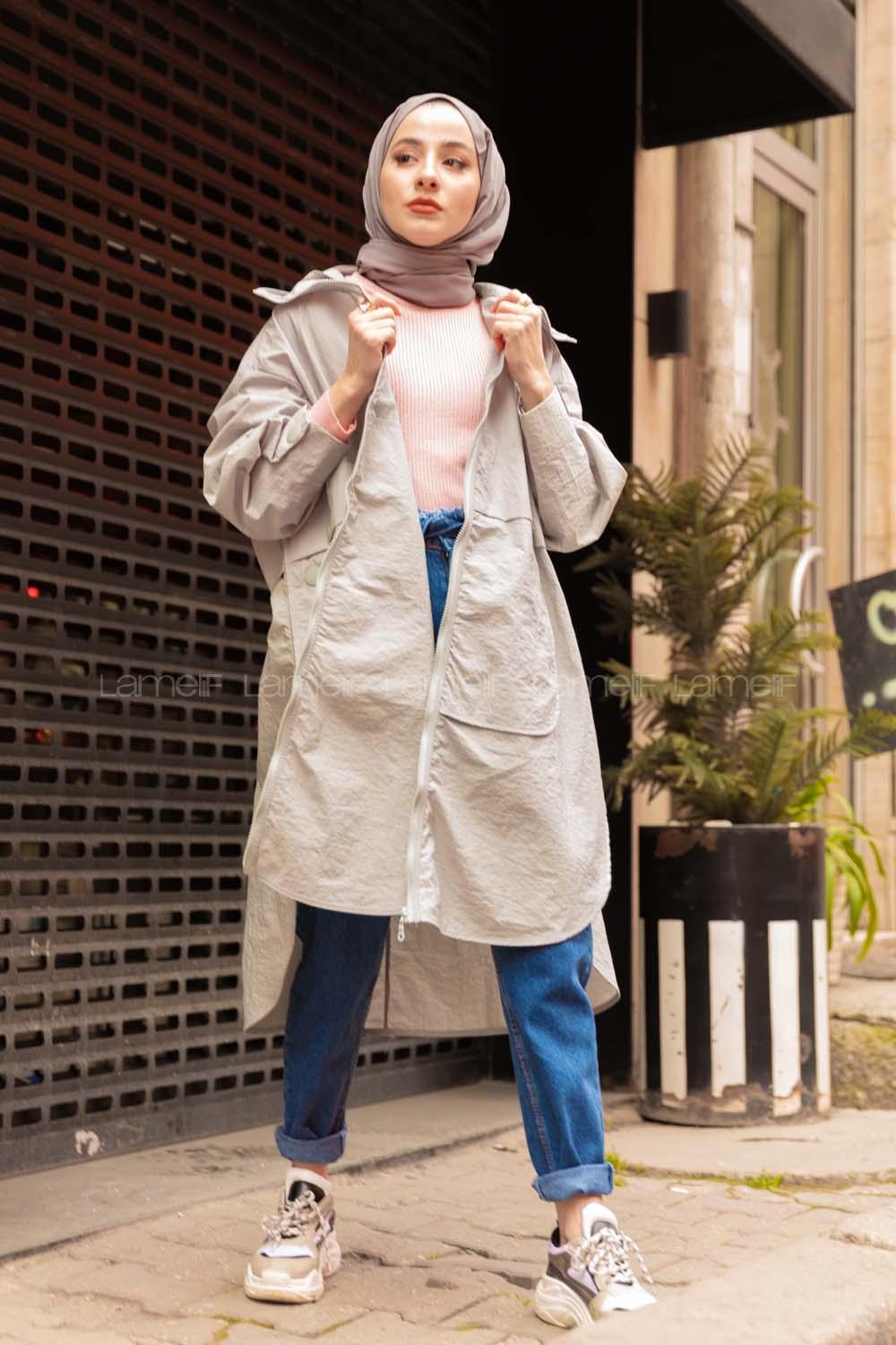 Modalamelif Önü Fermuarlı Kapşonlu Yağmurluk Gri