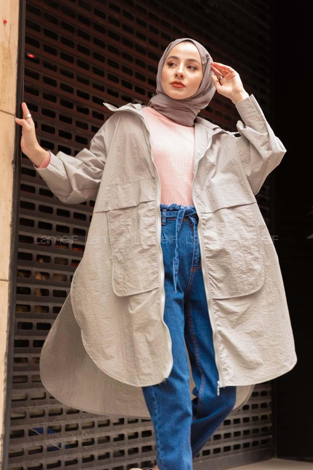 Modalamelif Önü Fermuarlı Kapşonlu Yağmurluk Gri