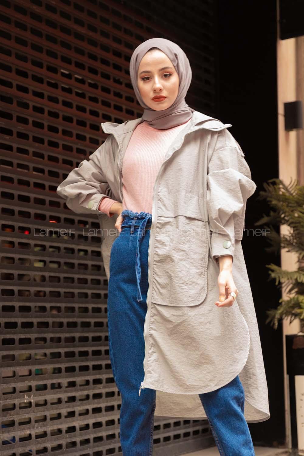 Modalamelif Önü Fermuarlı Kapşonlu Yağmurluk Gri