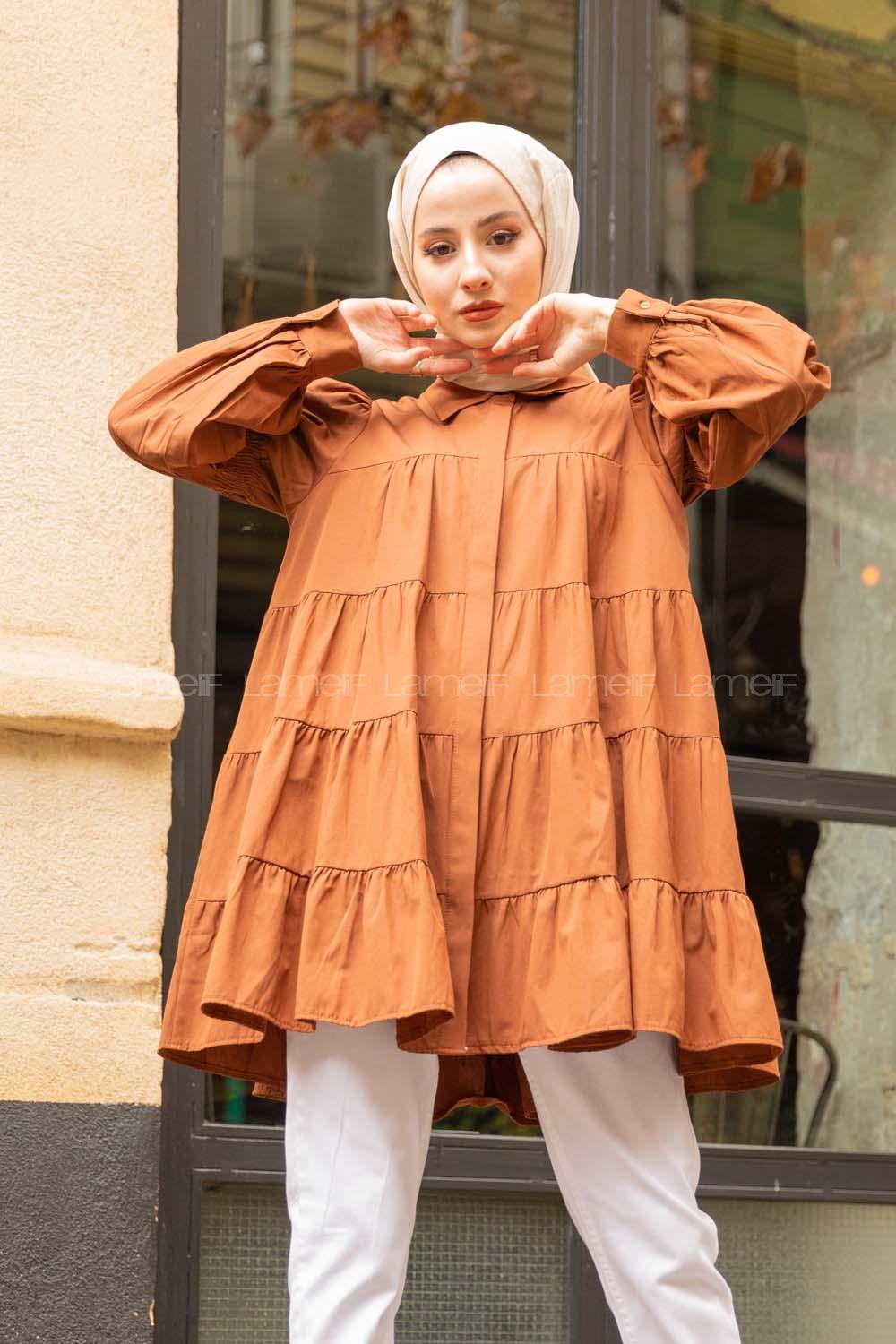 Modalamelif Önü Gizli Düğmeli Katlı Gömlek Camel