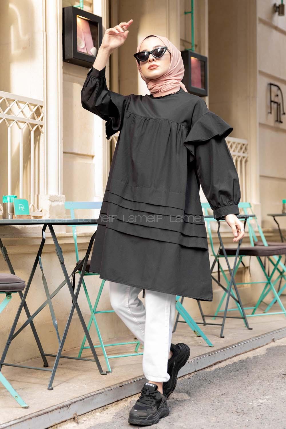 Modalamelif Önü Katlı Salaş Tunik Siyah