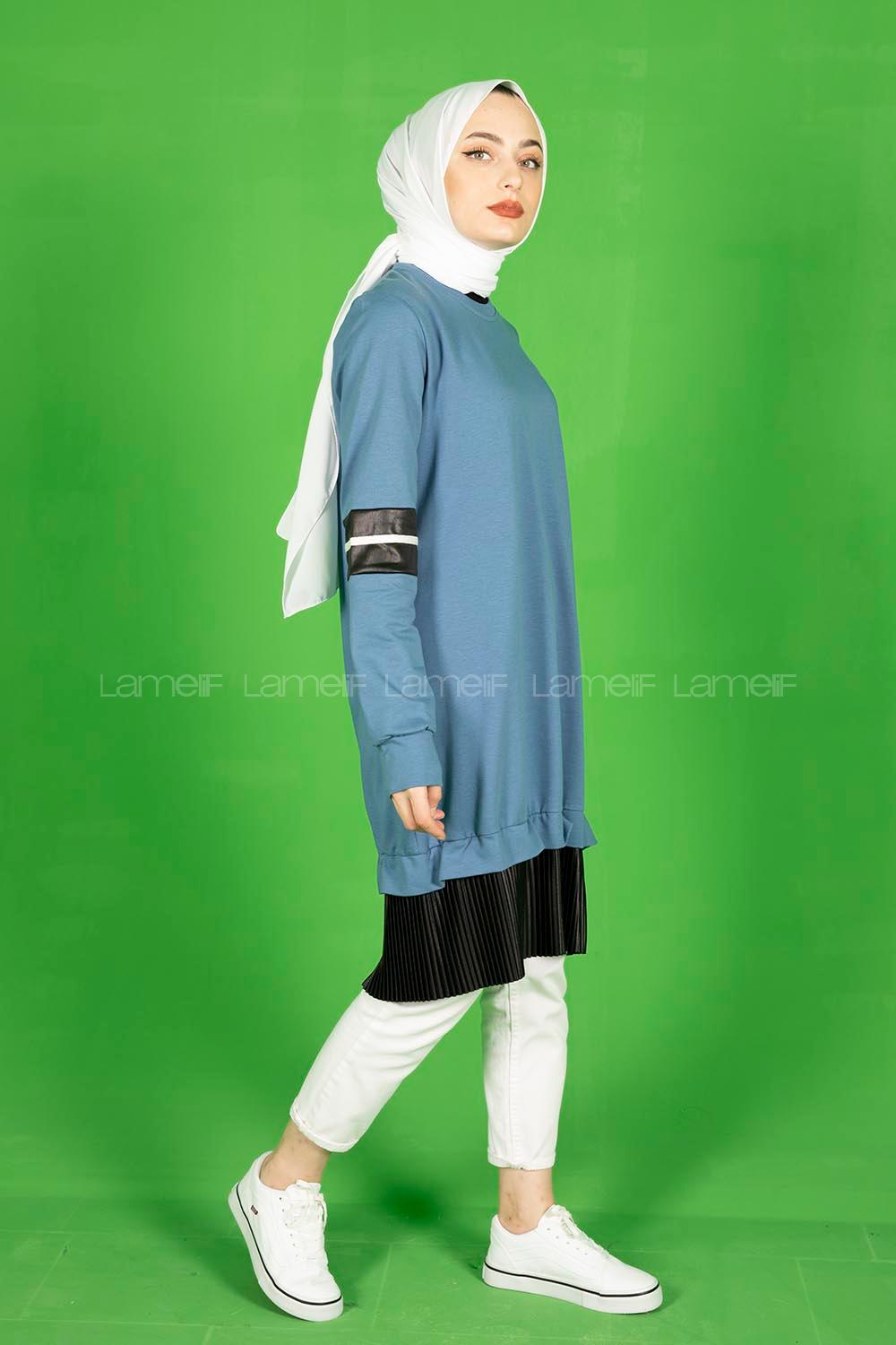 Modalamelif Eteği Fırfırlı Düz Renk Tunik Mavi