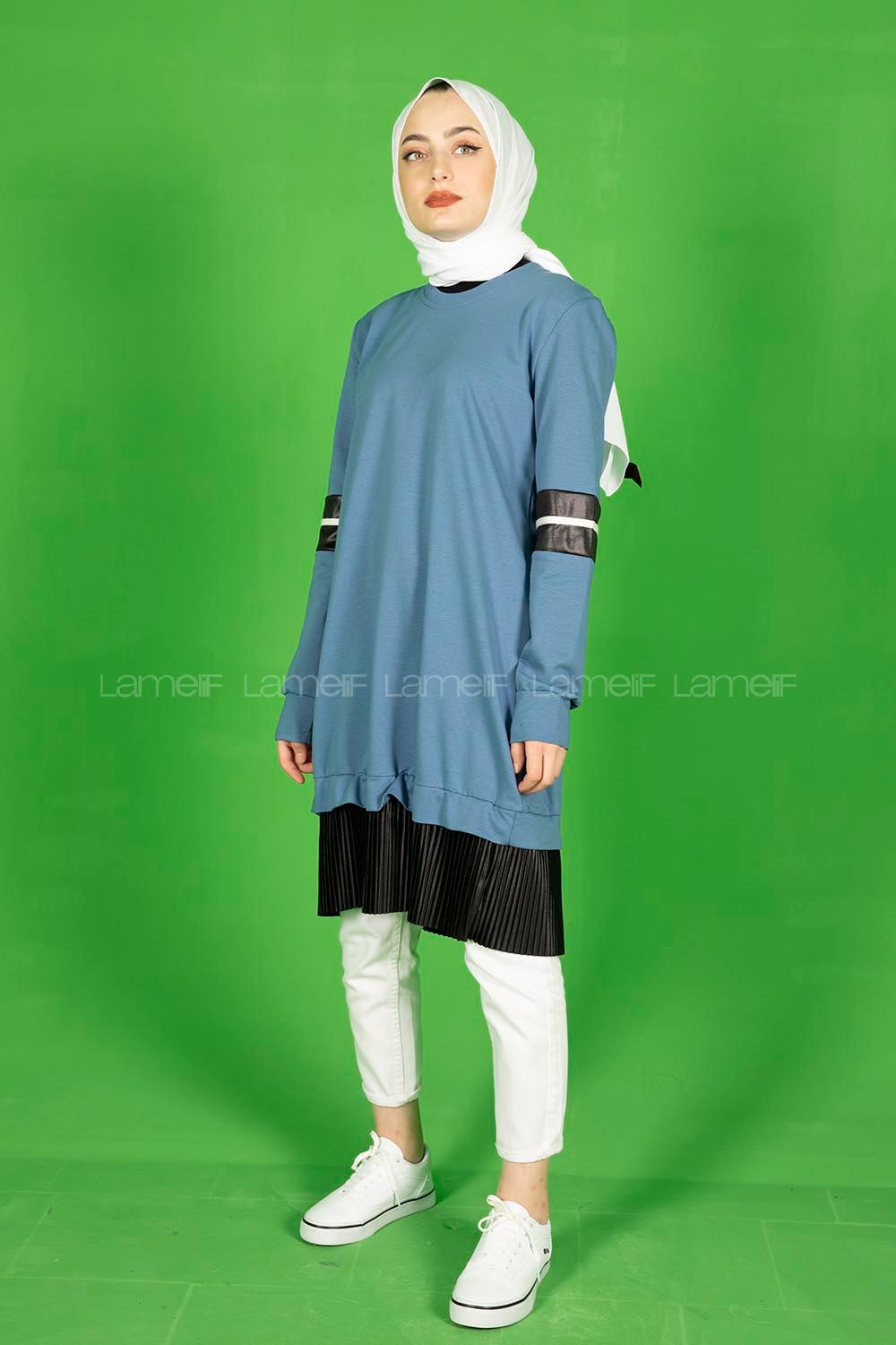 Modalamelif Eteği Fırfırlı Düz Renk Tunik Mavi