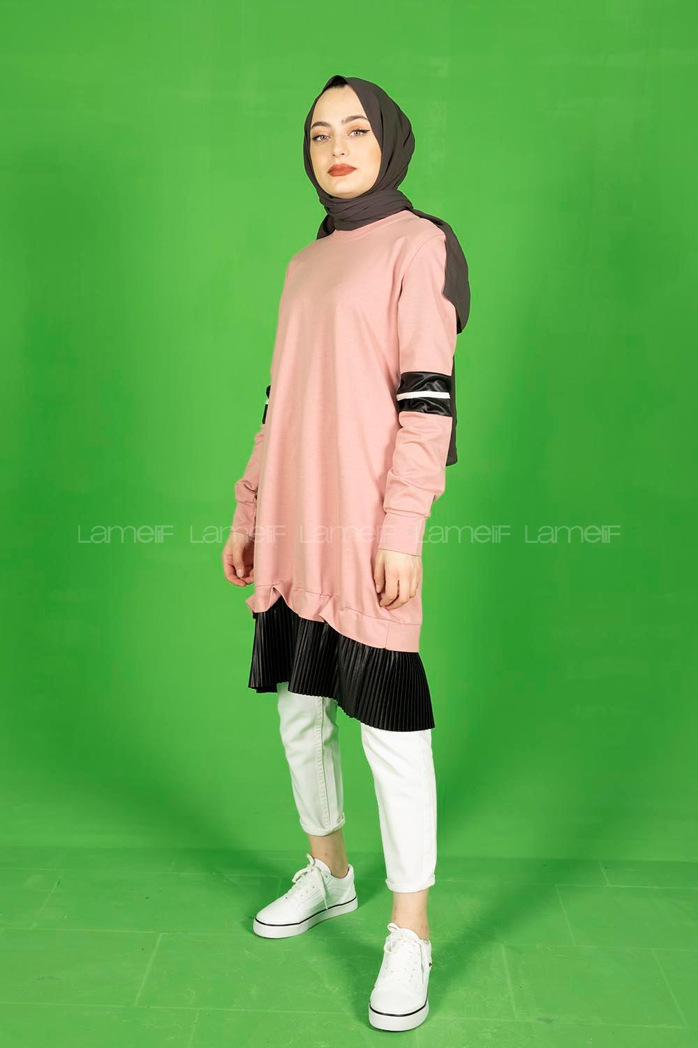 Modalamelif Eteği Fırfırlı Düz Renk Tunik Pudra