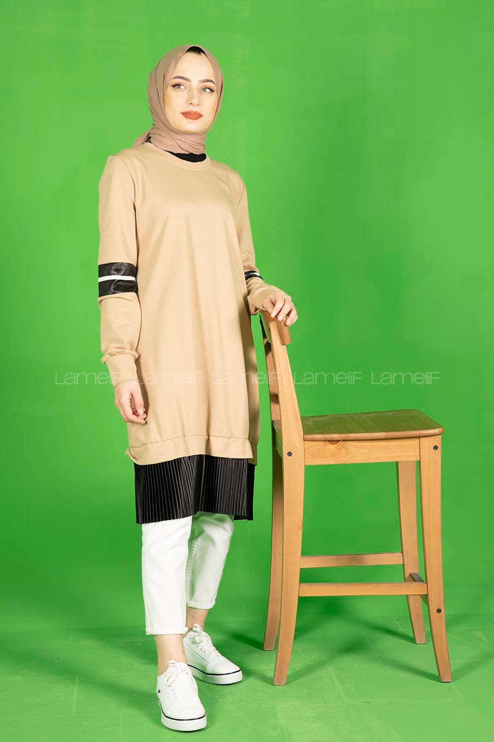 Modalamelif Eteği Fırfırlı Düz Renk Tunik Sütlü Kahve