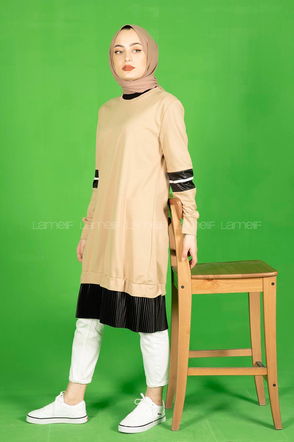 Modalamelif Eteği Fırfırlı Düz Renk Tunik Sütlü Kahve