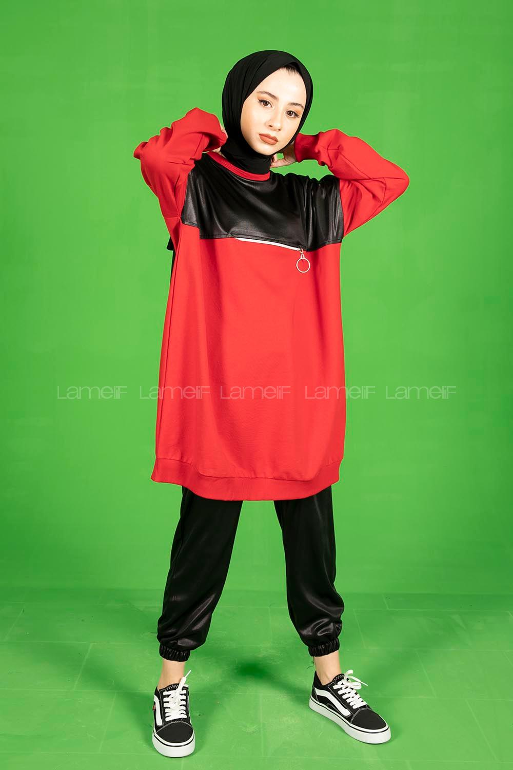 Modalamelif Önden fermuarlı Deri Görünüm Parçalı Sweat  Kırmızı