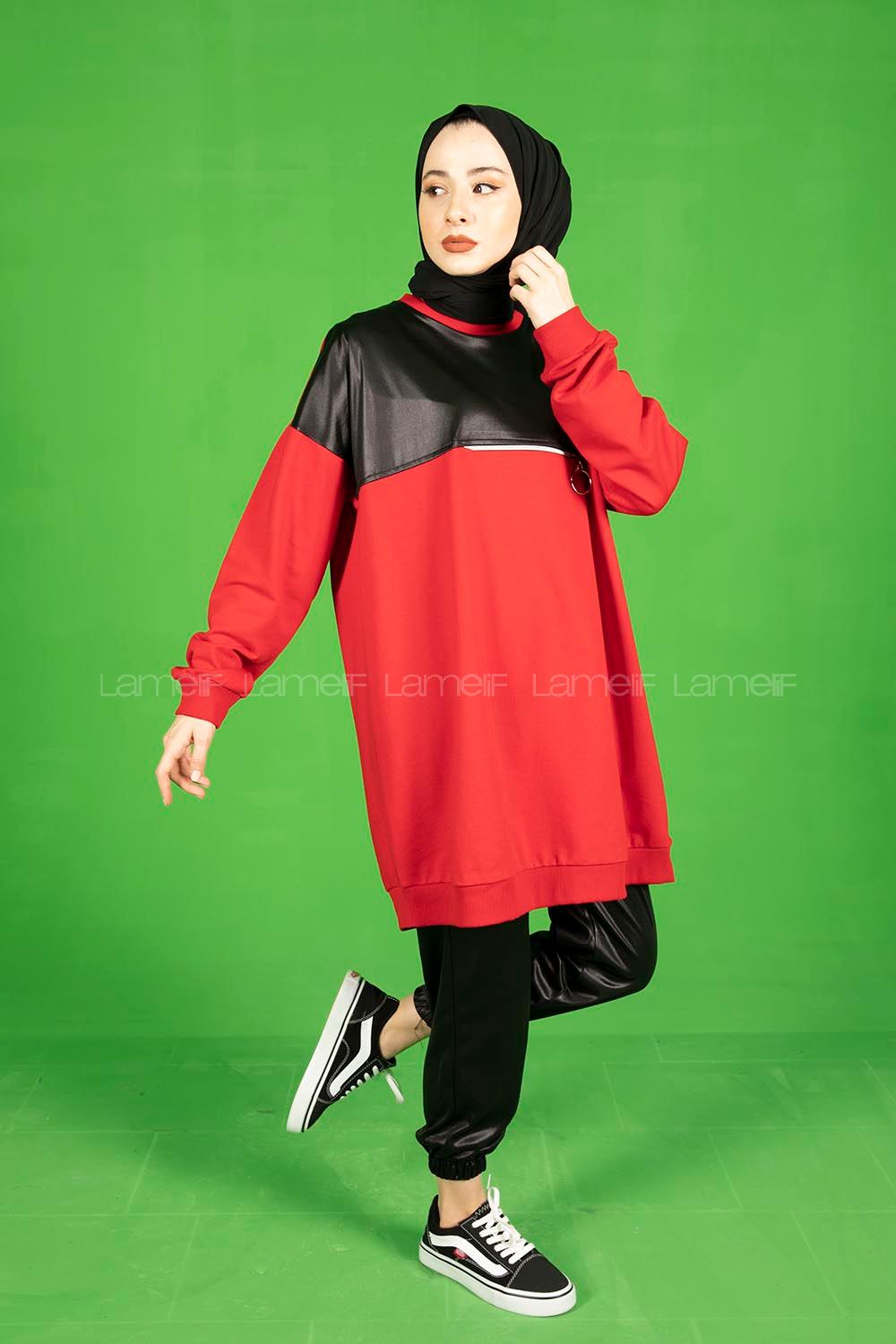 Modalamelif Önden fermuarlı Deri Görünüm Parçalı Sweat  Kırmızı