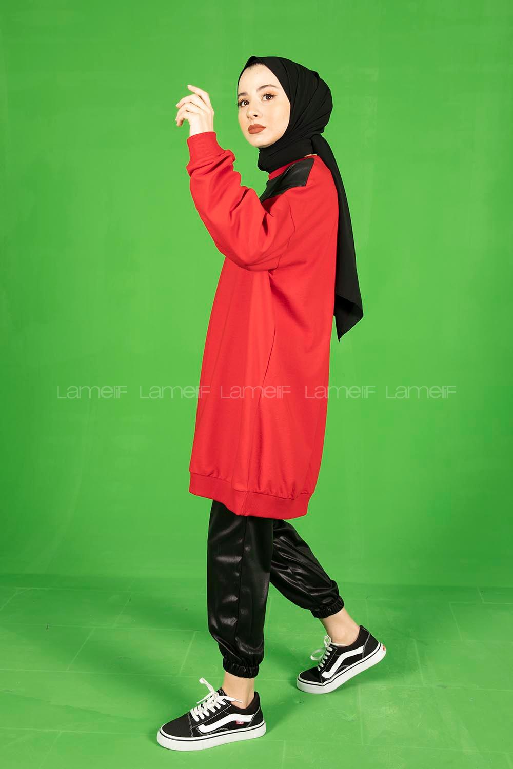 Modalamelif Önden fermuarlı Deri Görünüm Parçalı Sweat  Kırmızı