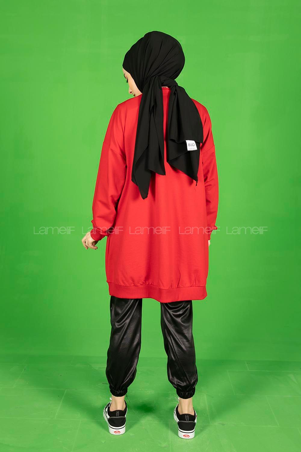 Modalamelif Önden fermuarlı Deri Görünüm Parçalı Sweat  Kırmızı