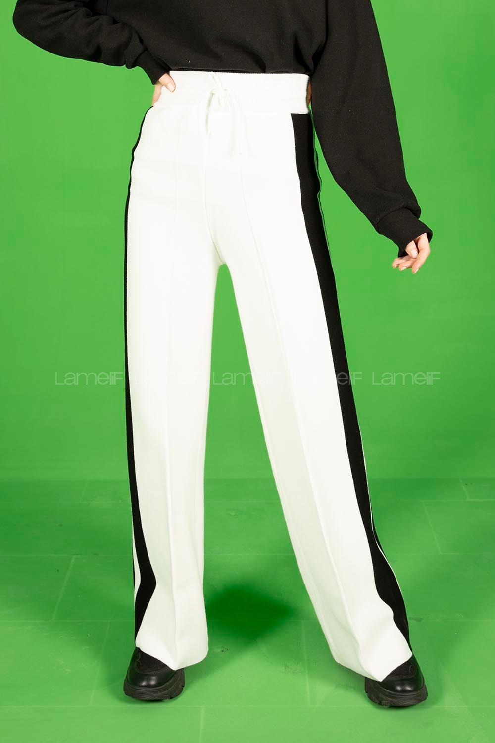 Modalamelif Şeritli Bol Paça Triko Pantolon Ekru