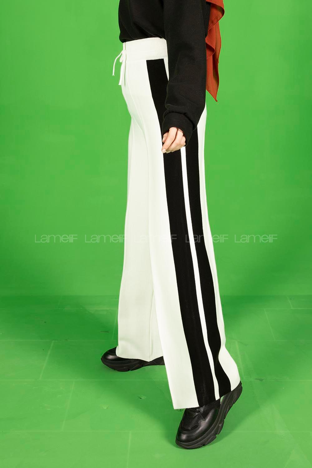 Modalamelif Şeritli Bol Paça Triko Pantolon Ekru