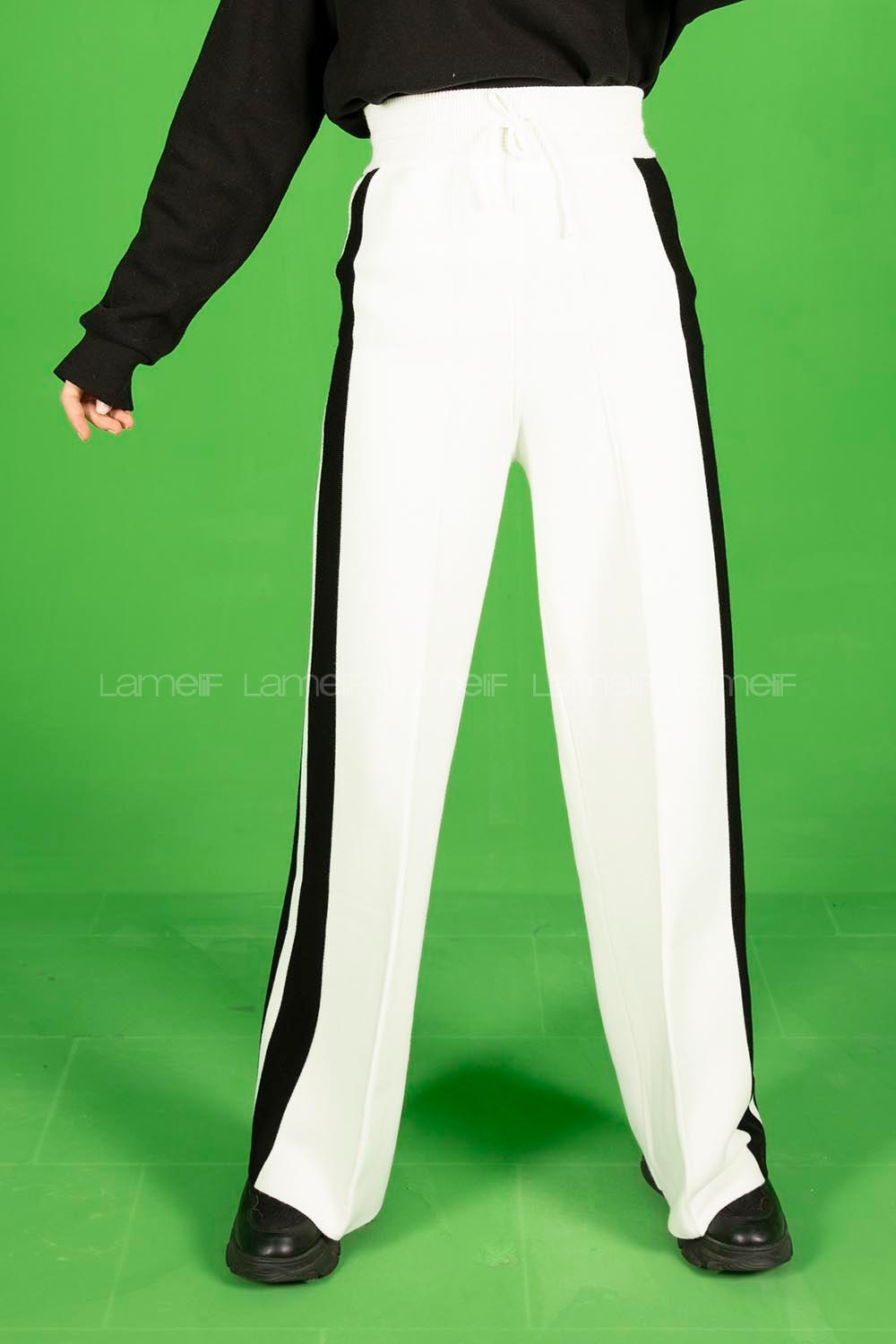 Modalamelif Şeritli Bol Paça Triko Pantolon Ekru