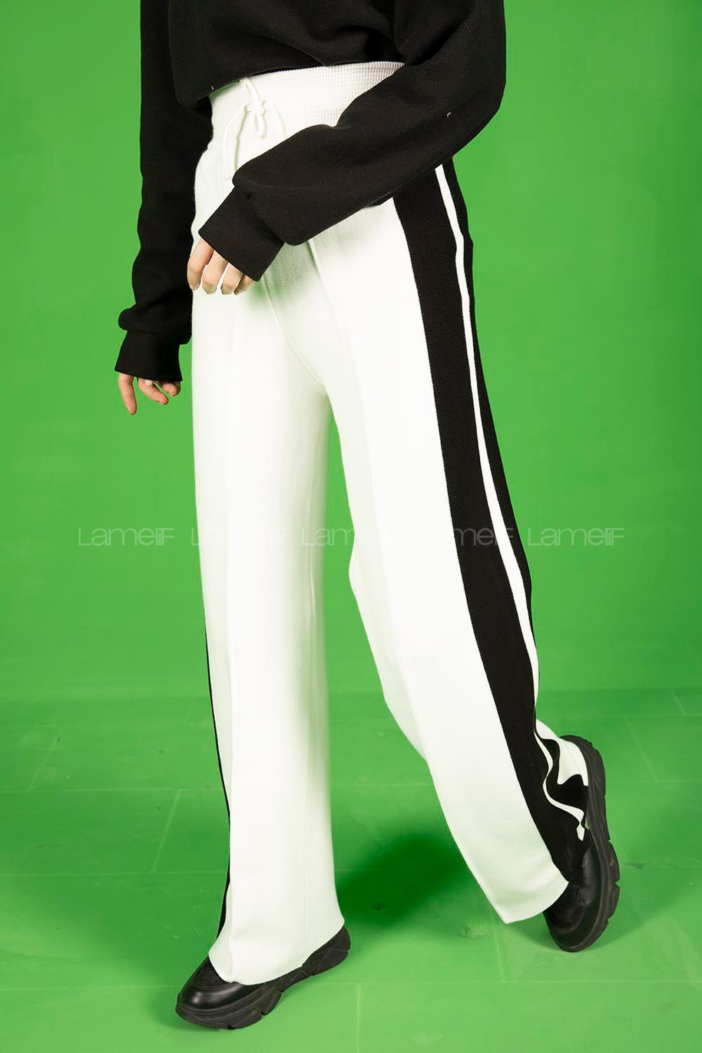 Modalamelif Şeritli Bol Paça Triko Pantolon Ekru