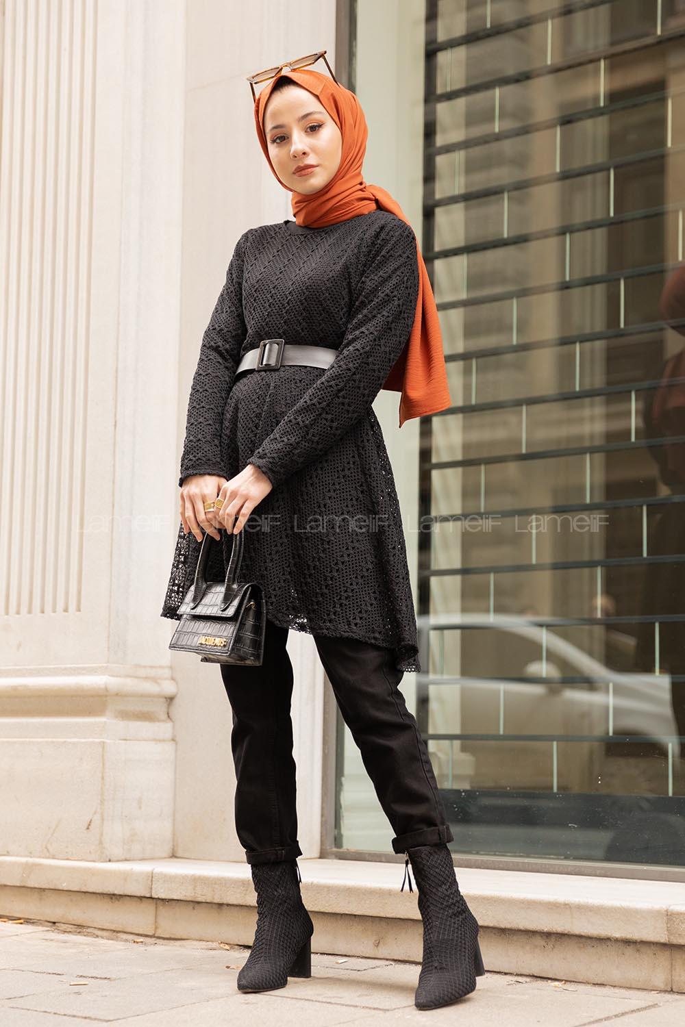 Modalamelif Kemerli  Raşel Tunik Siyah