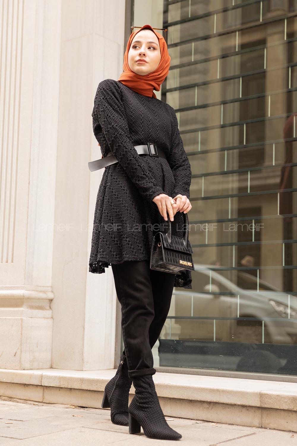 Modalamelif Kemerli  Raşel Tunik Siyah